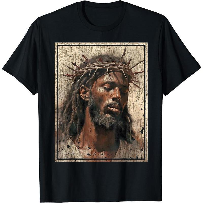 100% Cotton Black Jesus Shirt Face Of Jesus Cross With Crown Of Thorns TShirt Tee